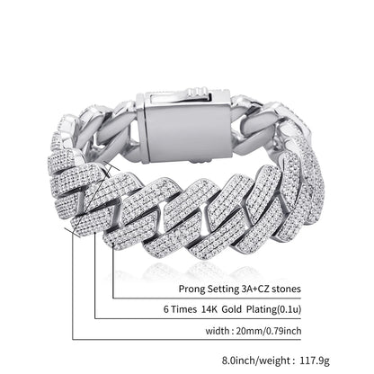 TOPGRILLZ Mens Bracelet 20MM 3 Row Zirconia Prong Link Chain Iced Out Micro Pave CZ Cuban Chain Hip Hop Fashion Jewelry For Gift