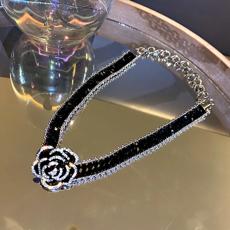 High Quality Handmade Black Crystal Choker Necklaces for Women Elegant Camellia Necklaces Wedding Banquet Jewelry