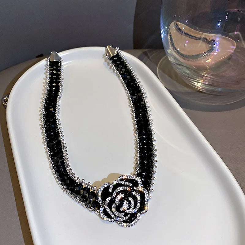 High Quality Handmade Black Crystal Choker Necklaces for Women Elegant Camellia Necklaces Wedding Banquet Jewelry