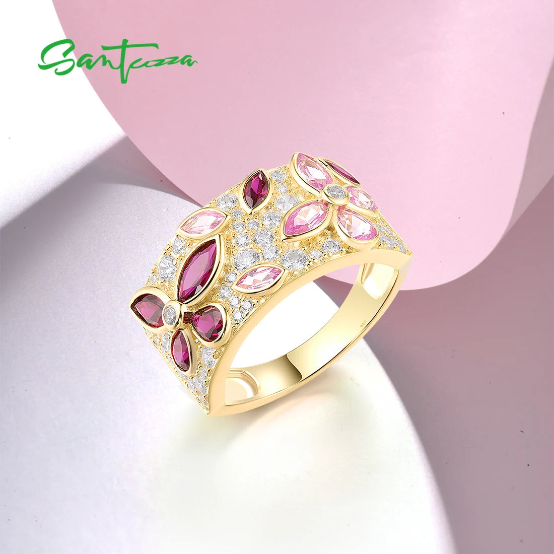 SANTUZZA Pure 925 Sterling Silver Rings For Women Sparkling Created Pink Sapphire Ruby Flower Delicate Gifts Fine Jewelry