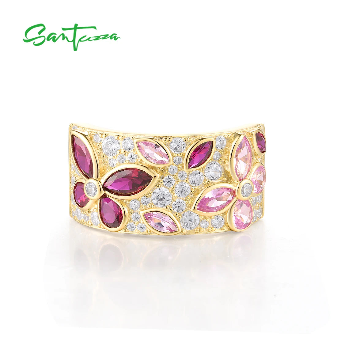 SANTUZZA Pure 925 Sterling Silver Rings For Women Sparkling Created Pink Sapphire Ruby Flower Delicate Gifts Fine Jewelry