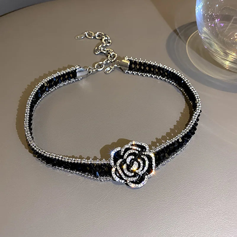 High Quality Handmade Black Crystal Choker Necklaces for Women Elegant Camellia Necklaces Wedding Banquet Jewelry