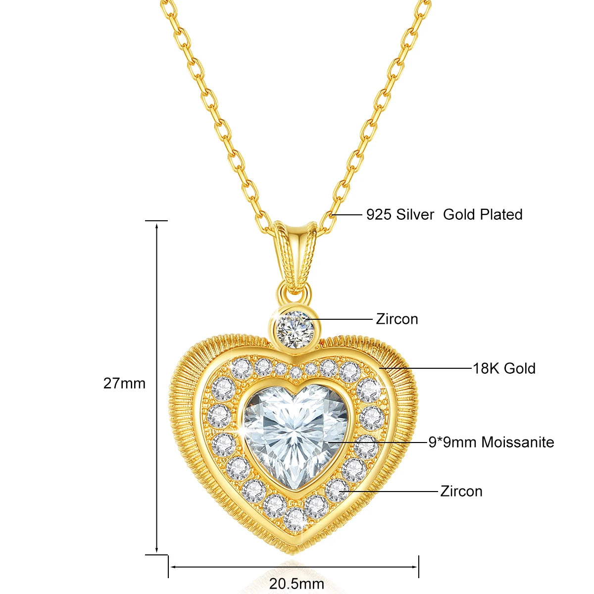 Szjinao 100% Real 18K Gold Heart Necklace 9mm 3ct Moissanite Pendant K Gold Luxury Wedding Jewelry With Certificate Wholesale